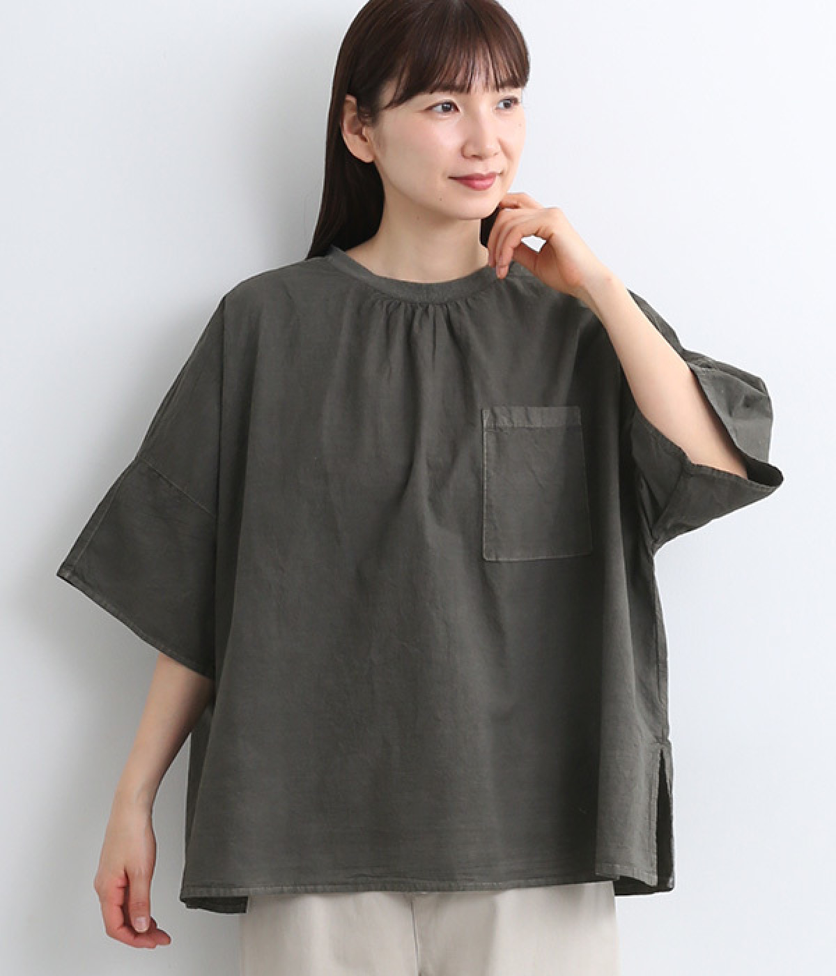 ワッシャーコットンピグメントワイドプルオーバー(チャコール-ONESIZE)