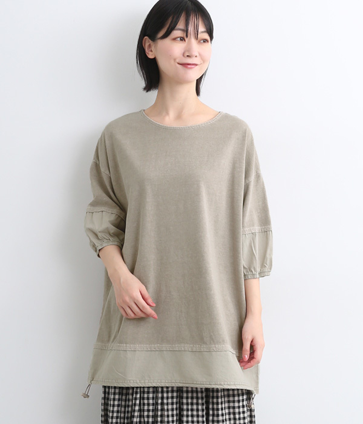ピグメント加工コクーンスリーブチュニック(グレージュ-ONESIZE)