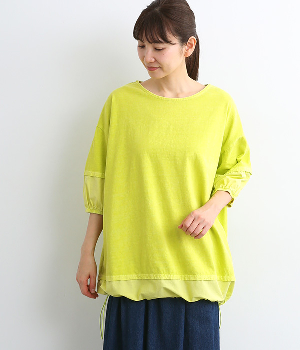 ピグメント加工コクーンスリーブチュニック(ライムグリーン-ONESIZE)