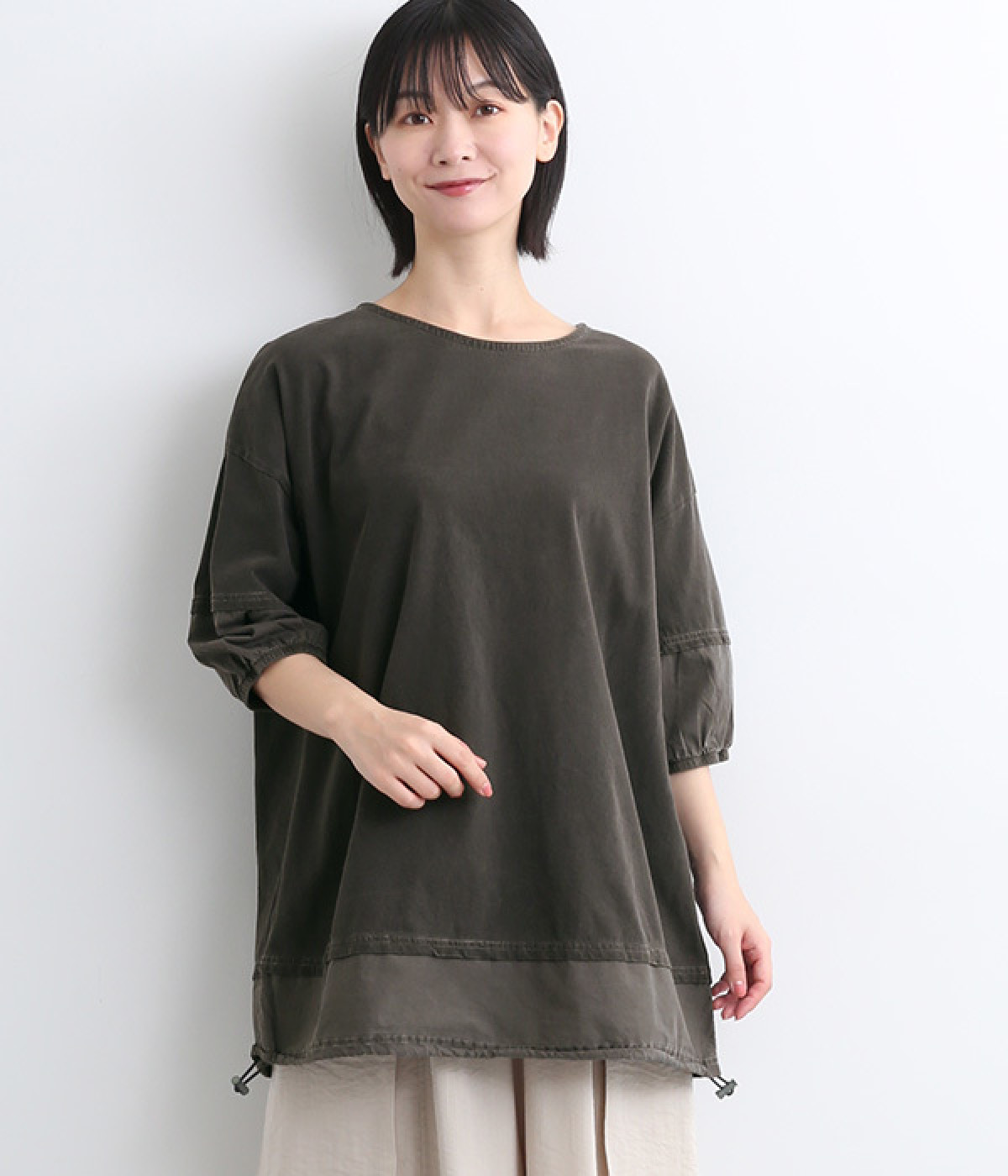 ピグメント加工コクーンスリーブチュニック(チャコール-ONESIZE)