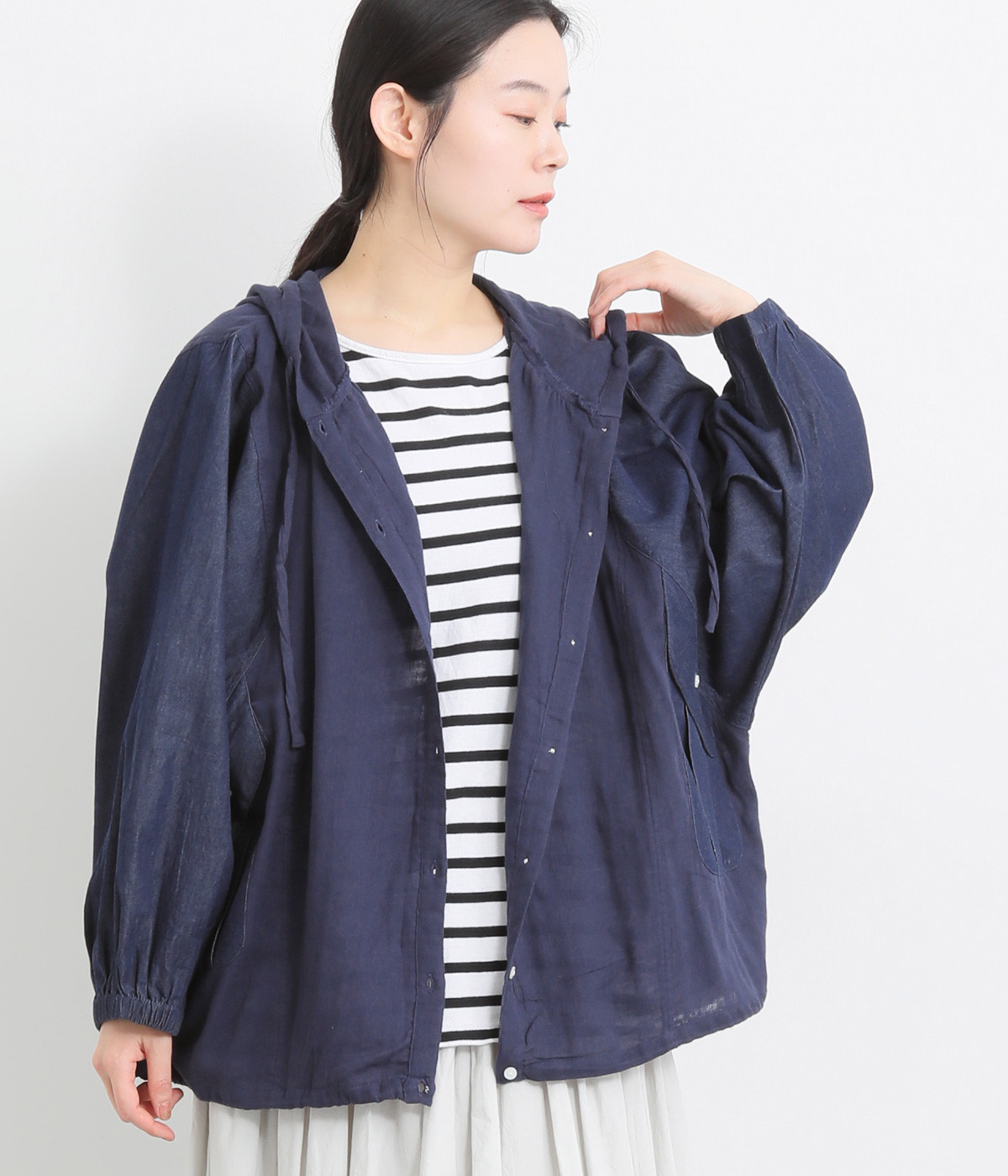 5.5ozデニムxダブルガーゼボイル フード付きラグランパーカ(ネイビーデニム-ONESIZE)