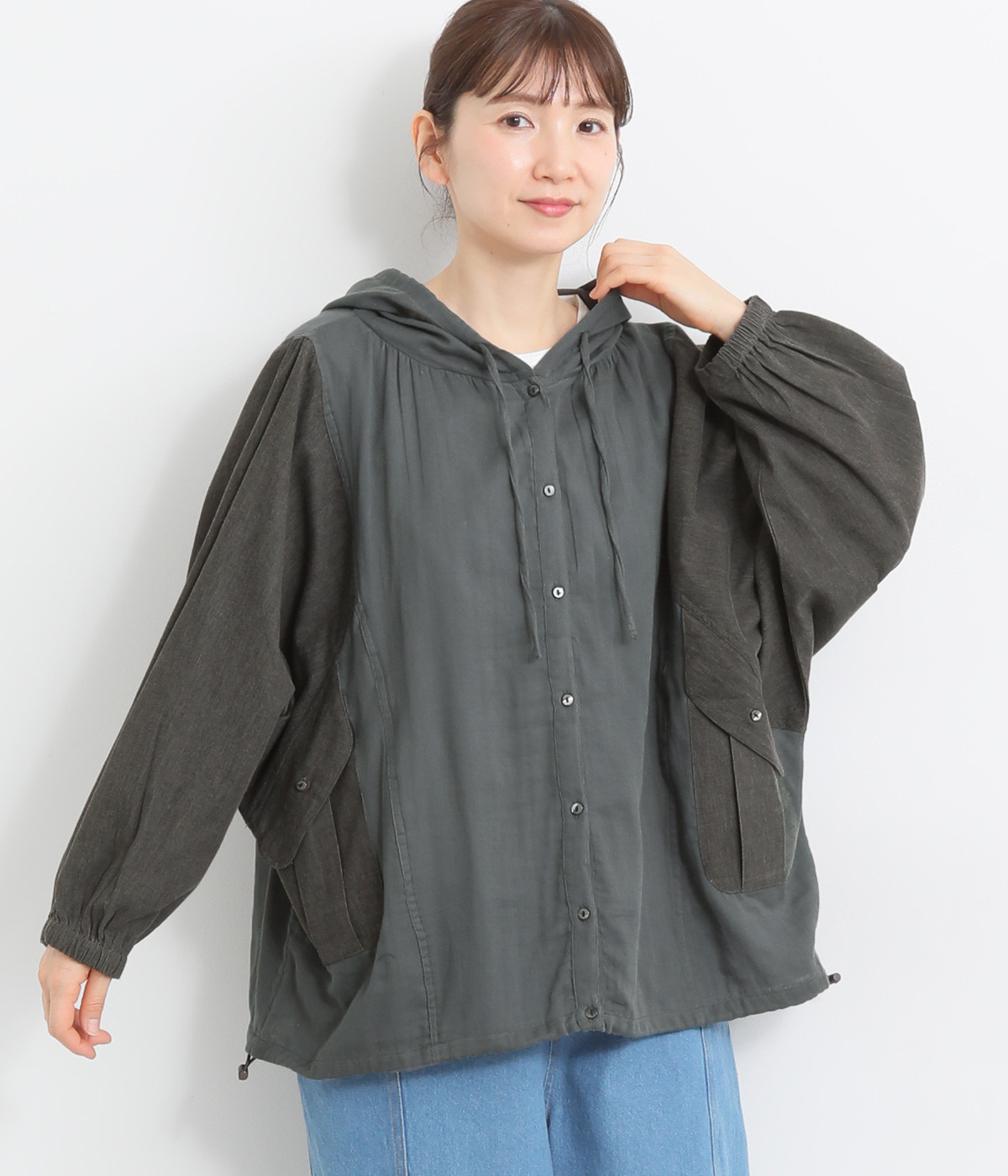 5.5ozデニムxダブルガーゼボイル フード付きラグランパーカ(チャコール-ONESIZE)