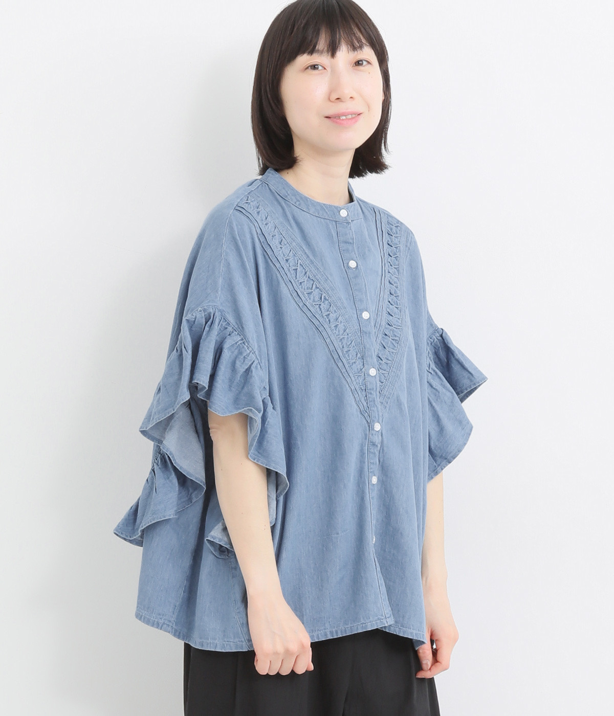5.5ozデニム スリーブフレアブラウス(ライトブルー-ONESIZE)