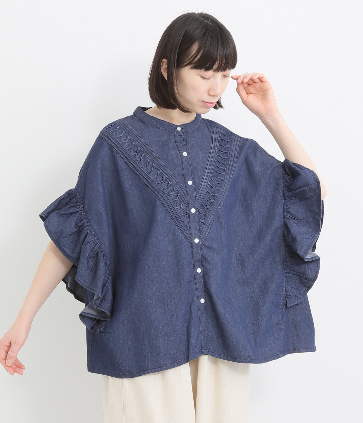 5.5ozデニム スリーブフレアブラウス(ネイビーデニム-ONESIZE)