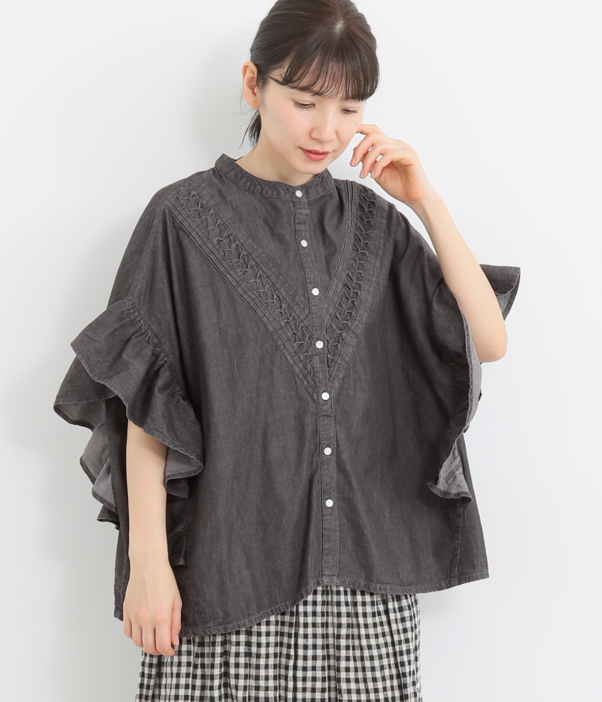 5.5ozデニム スリーブフレアブラウス(チャコール-ONESIZE)