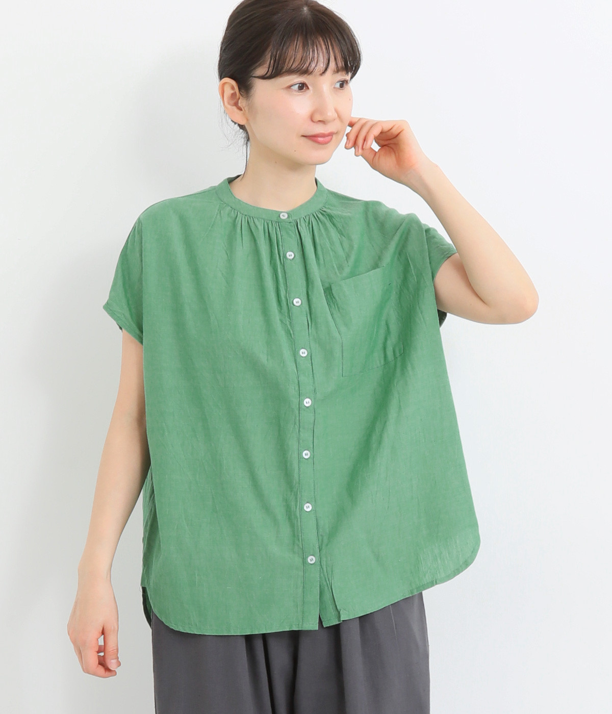 シャンブレー ドルマンブラウス(グリーン-ONESIZE)