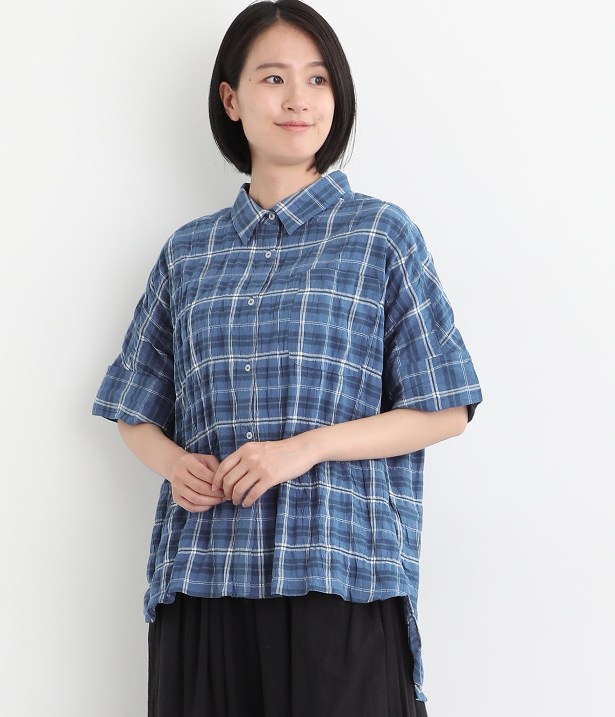 ミックスチェックバックギャザーシャツ(ブルーグリーン-ONESIZE)