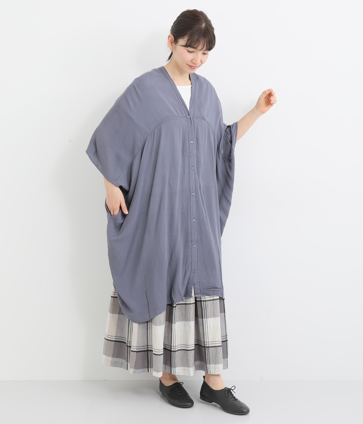 レーヨンクレープはしごビッグカーディガン(ブルーグレー-ONESIZE)