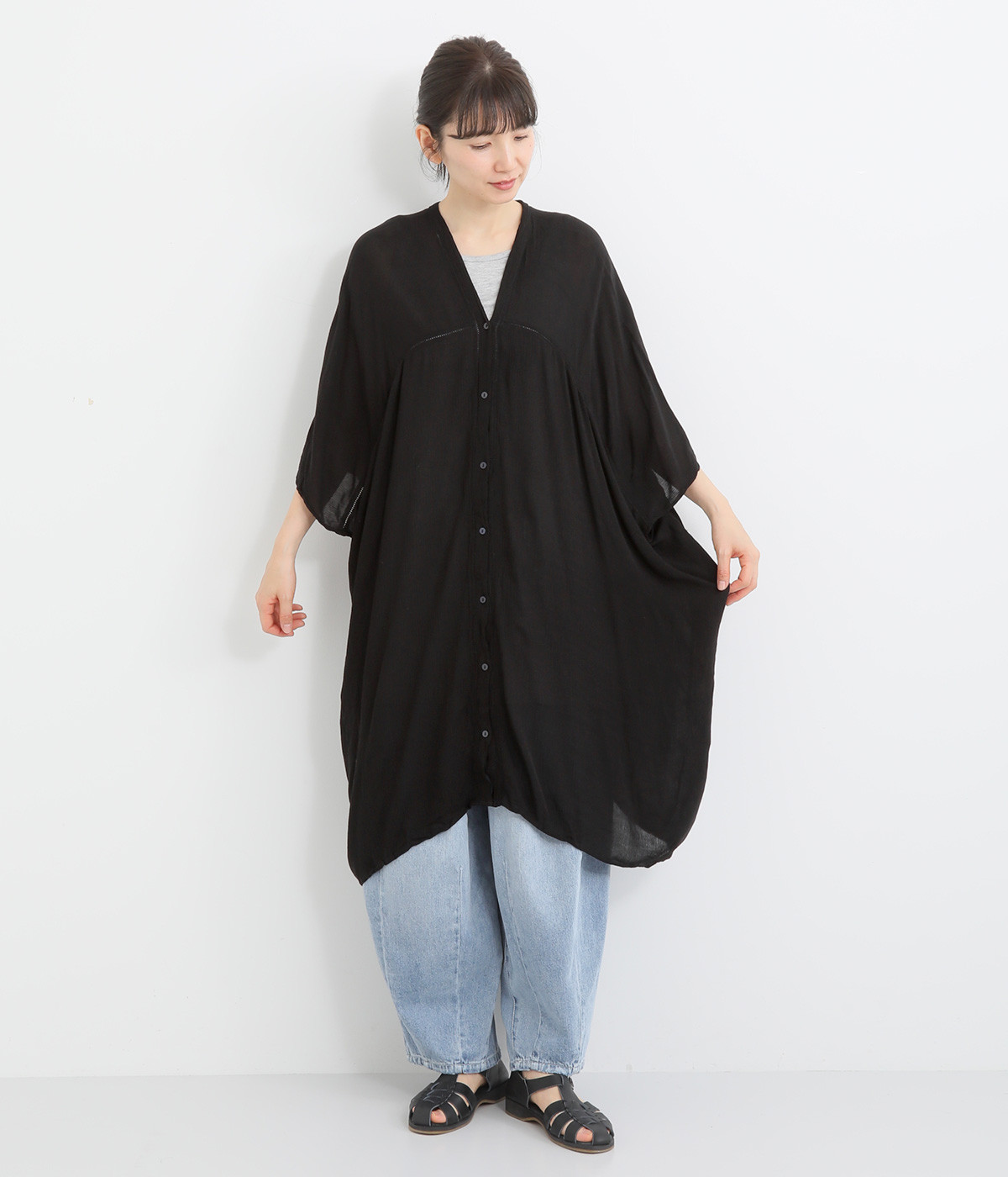 レーヨンクレープはしごビッグカーディガン(ブラック-ONESIZE)
