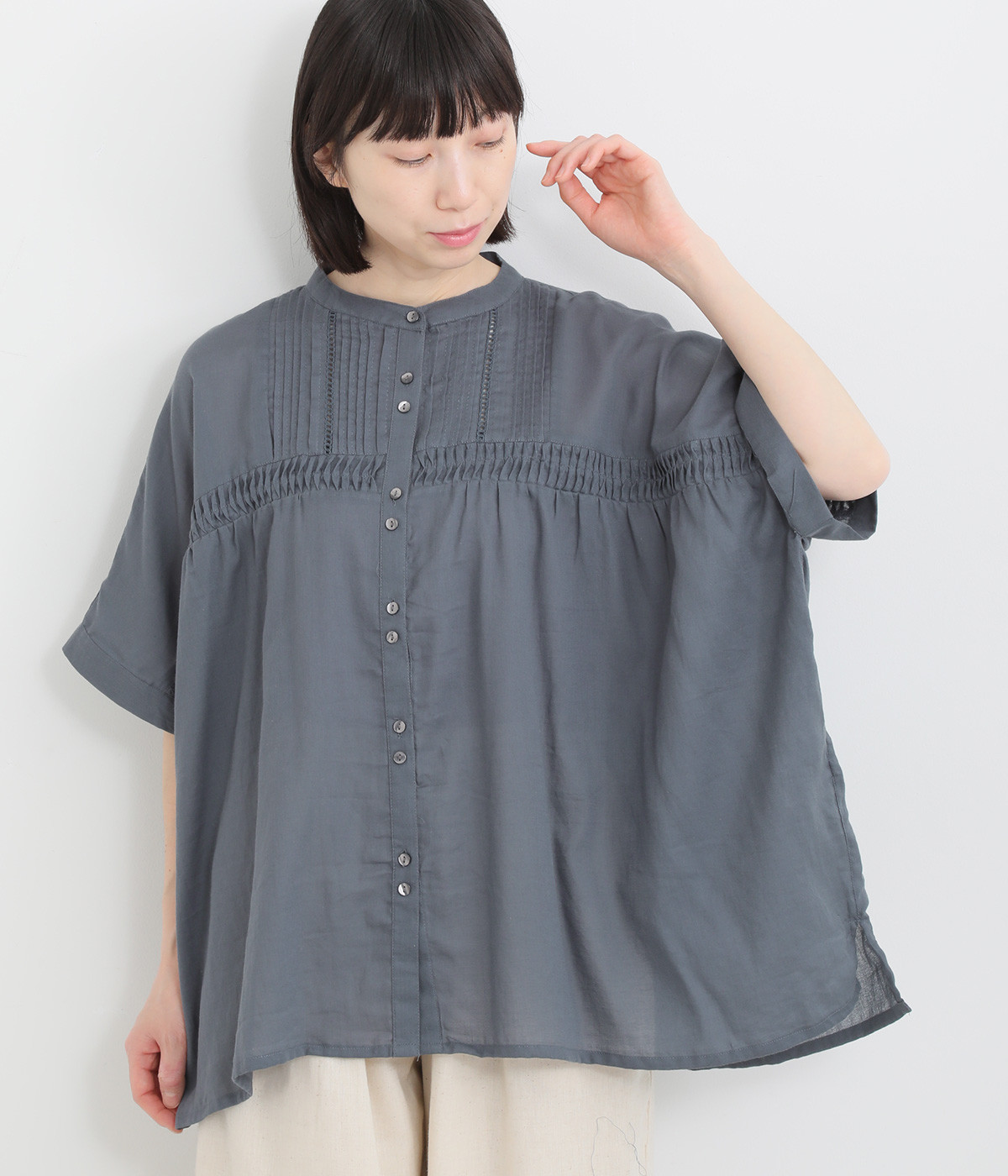 モスコットンタックデザインシャツ(ネイビー-ONESIZE)