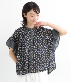 コットンボイルprint patch work　袖フレアブラウス