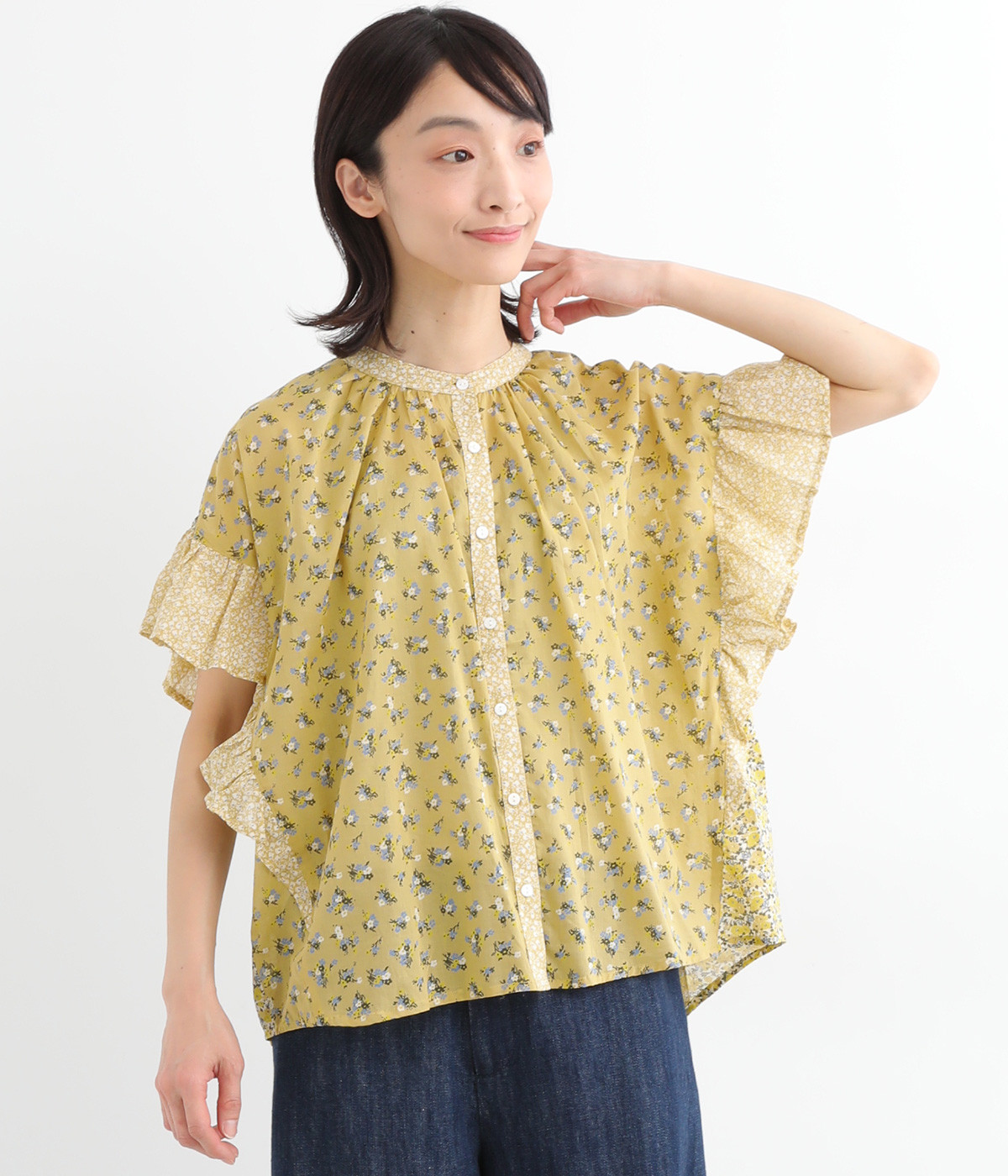 コットンボイルprint patch work　袖フレアブラウス(イエロー-ONESIZE)