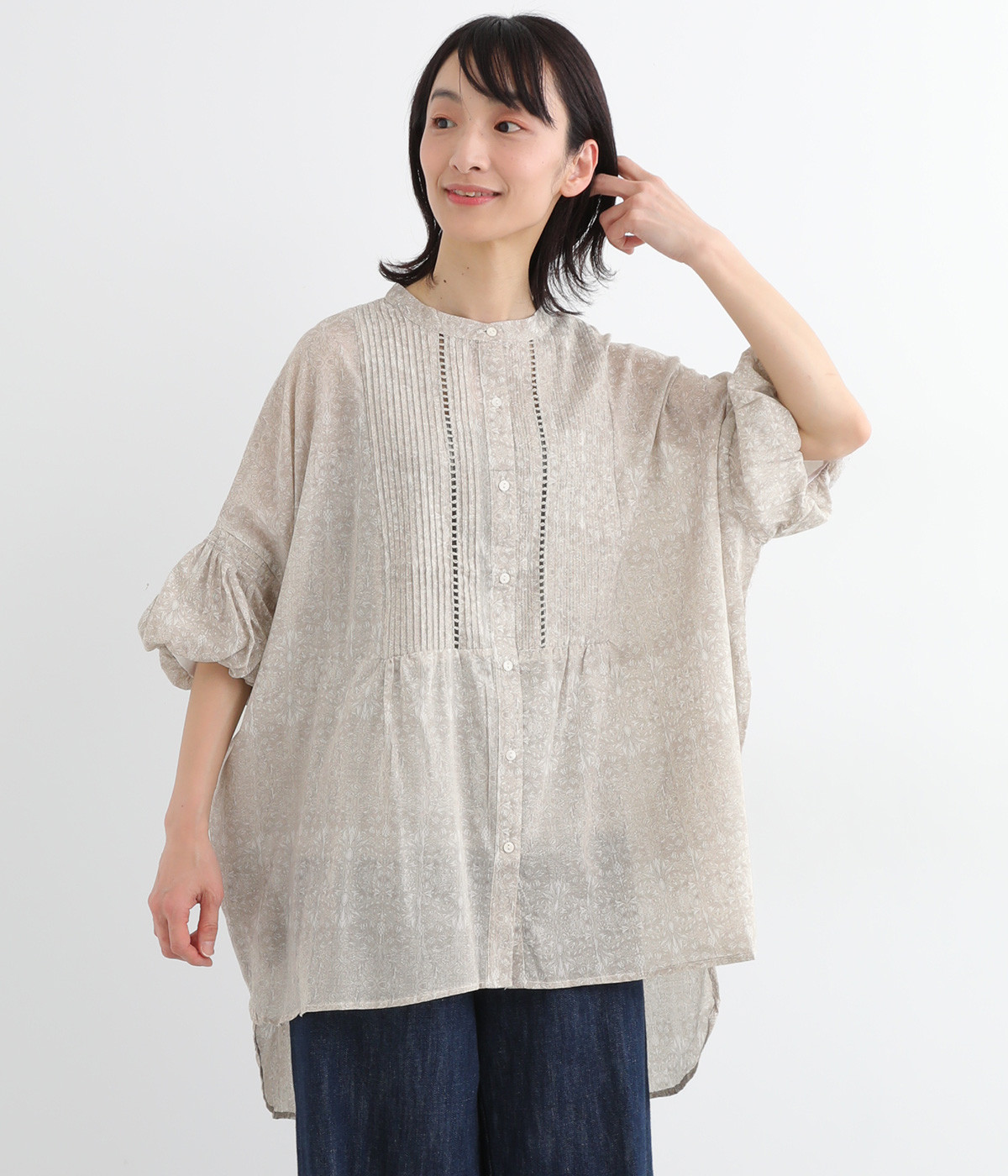コットンボイルprint ピンタックチュニック(アイボリー-ONESIZE)
