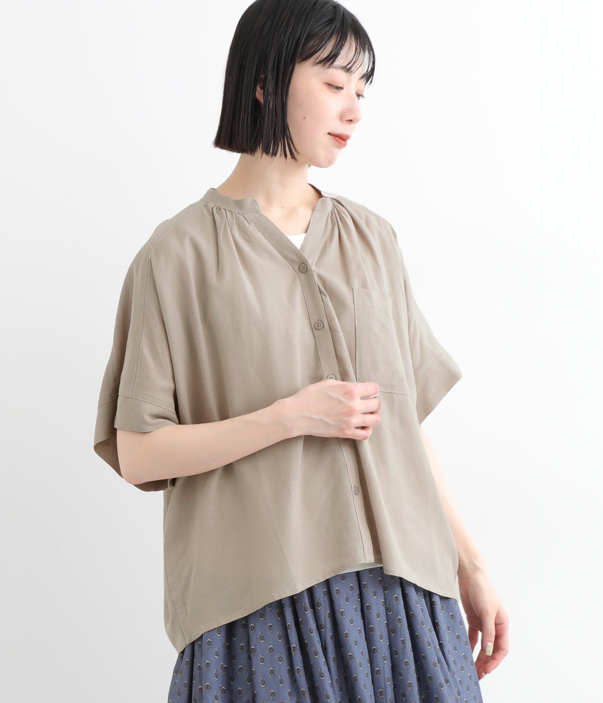 レーヨンリネンバンドカラードルマンシャツ(グレージュ-ONESIZE)