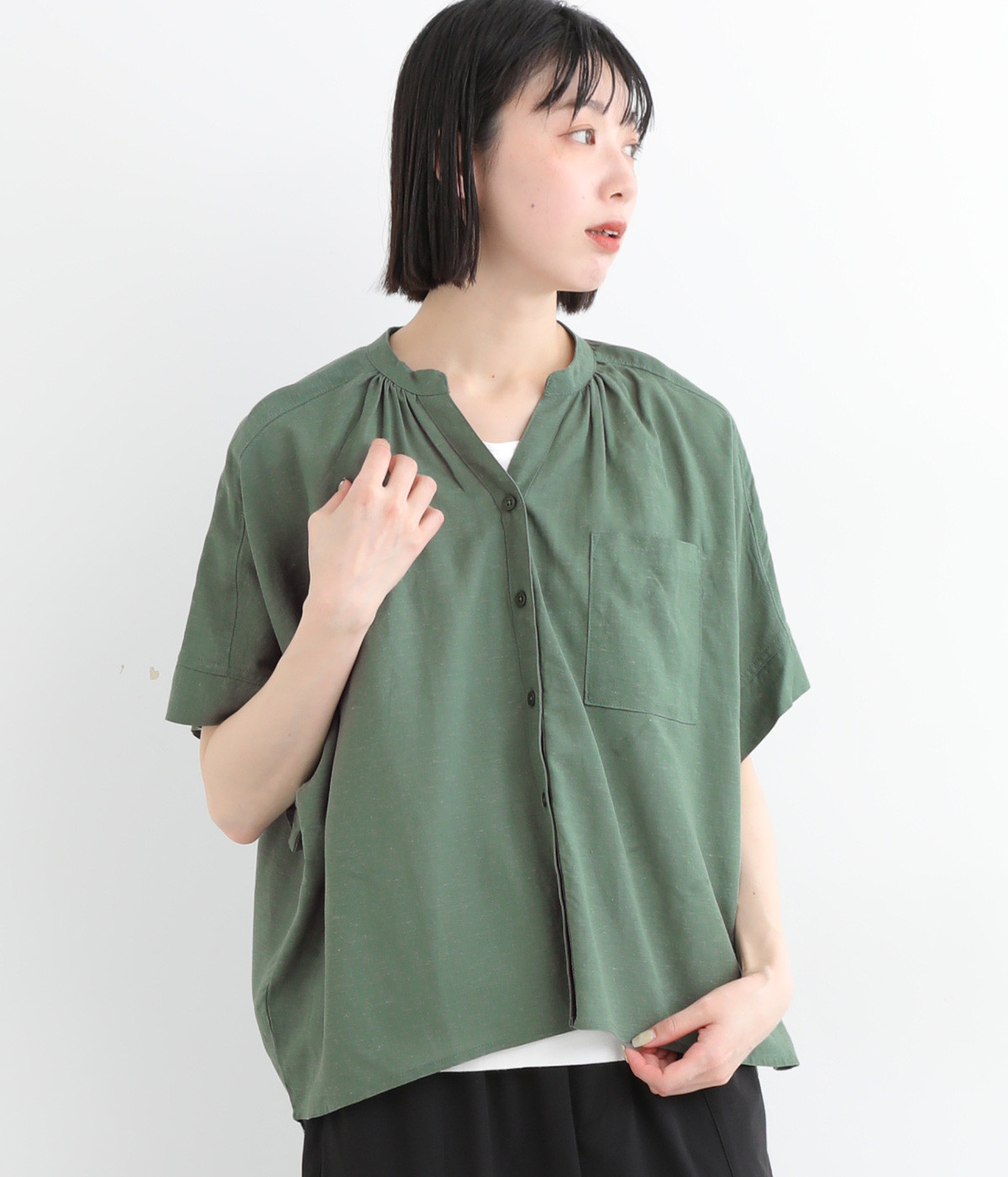 レーヨンリネンバンドカラードルマンシャツ(スモークグリーン-ONESIZE)