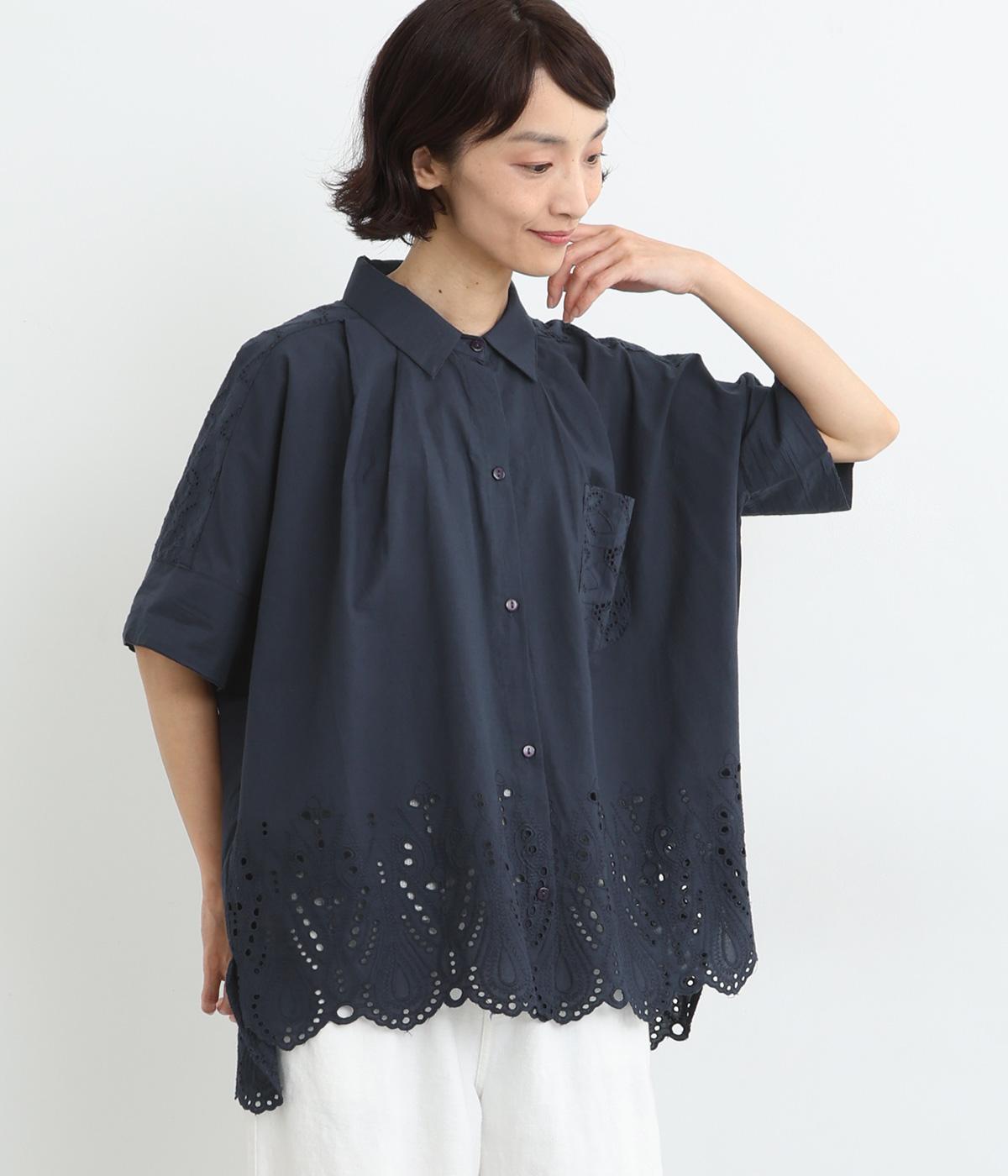 キャンブリックスカラップ刺繍シャツ(ネイビー-ONESIZE)