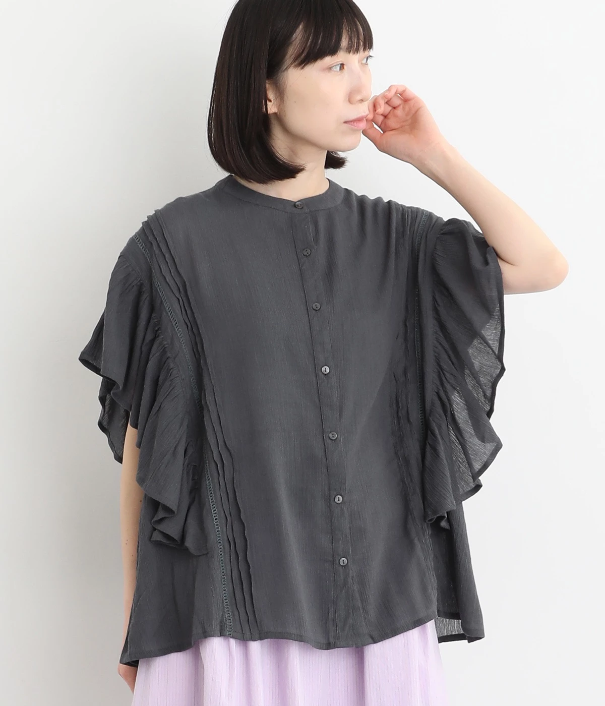 コットンクレープピンタックフレアブラウス(チャコール-ONESIZE)