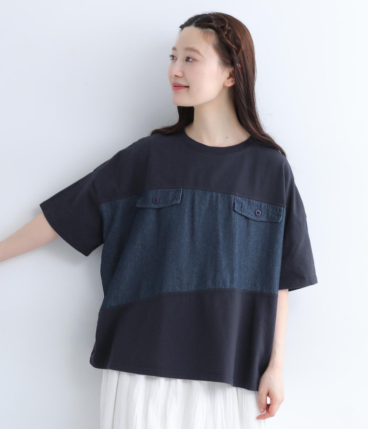 5.5OZデニム切替Ｔシャツ(インディゴ-ONESIZE)
