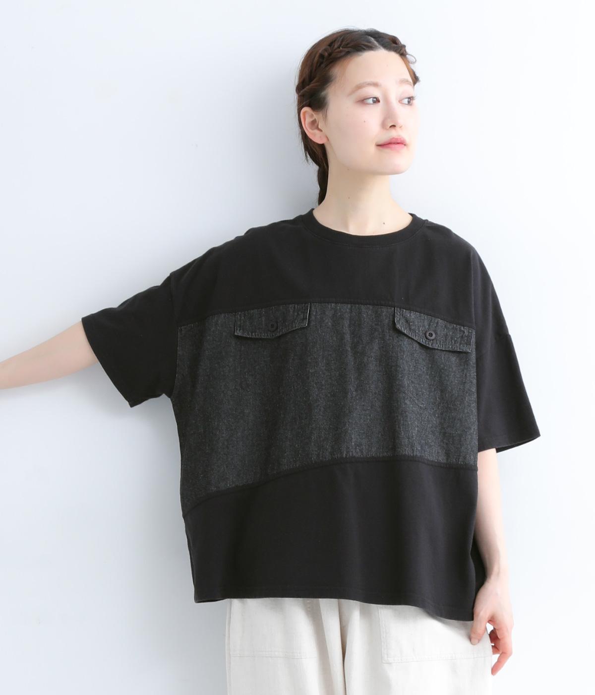 5.5OZデニム切替Ｔシャツ(ブラックデニム-ONESIZE)