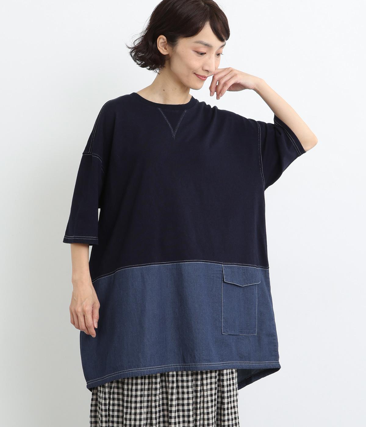 5.5OZデニム切替ポケット付チュニック(ネイビー-ONESIZE)