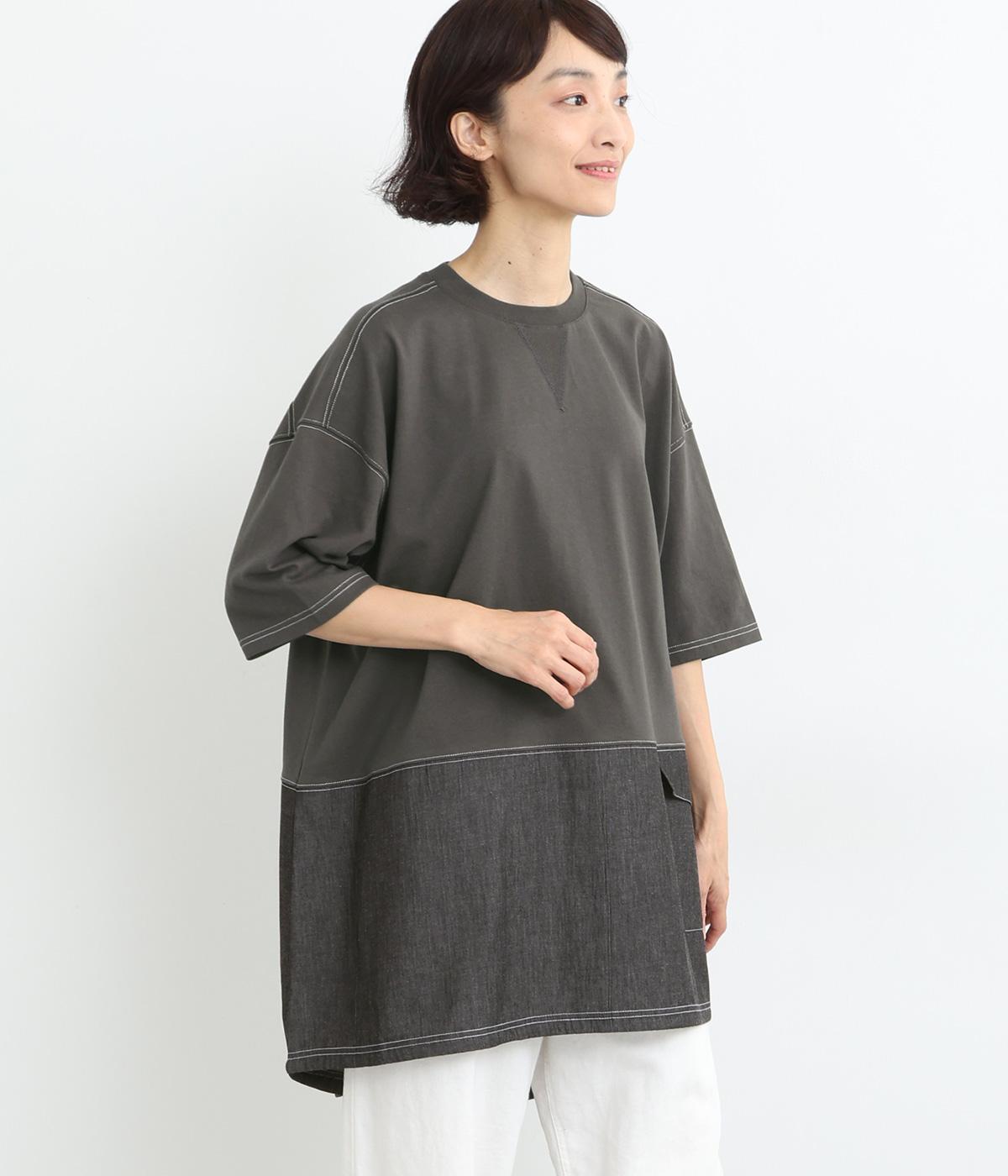 5.5OZデニム切替ポケット付チュニック(チャコール-ONESIZE)