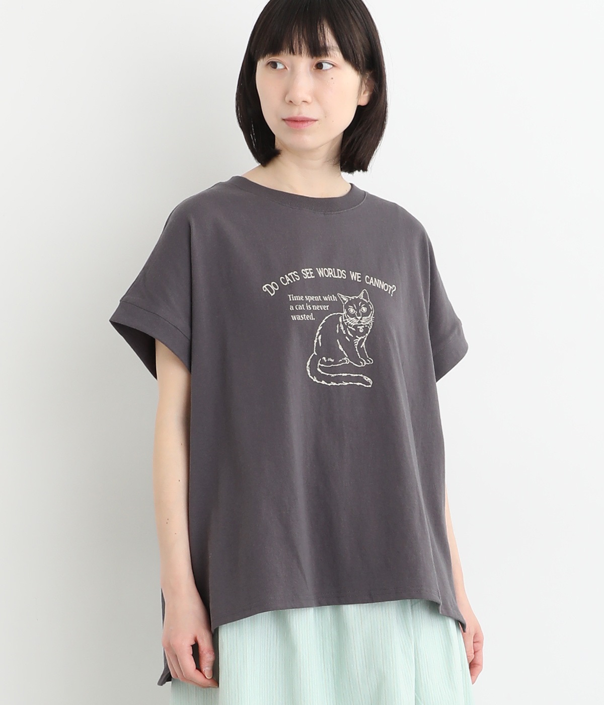 16OE天竺 おませネコT(チャコール-ONESIZE)