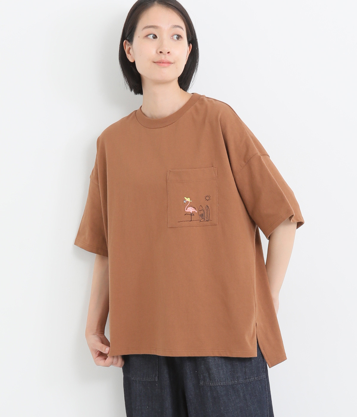 160E天竺 アニマルアクティブ刺繍T(ブラウン-ONESIZE)
