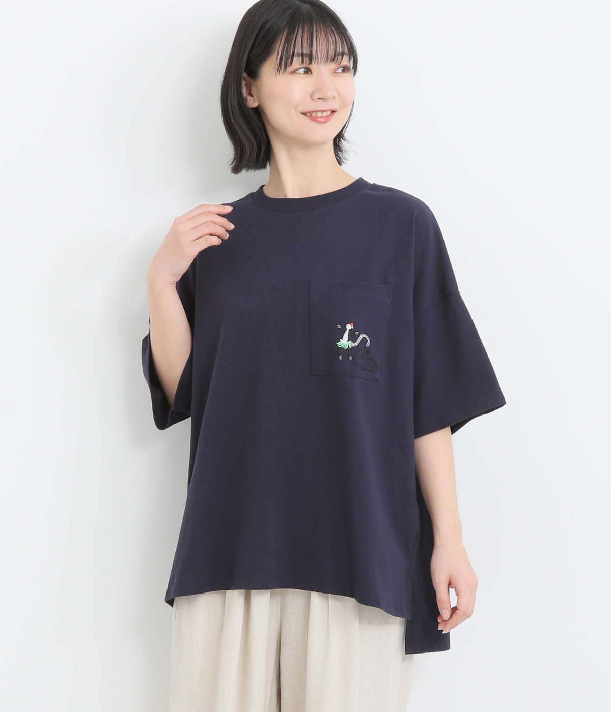 160E天竺 アニマルアクティブ刺繍T(ネイビー-ONESIZE)