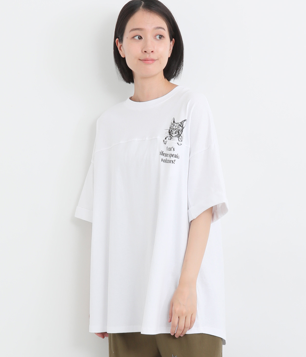 160E天竺 ひょっこりネコT(ホワイト-ONESIZE)