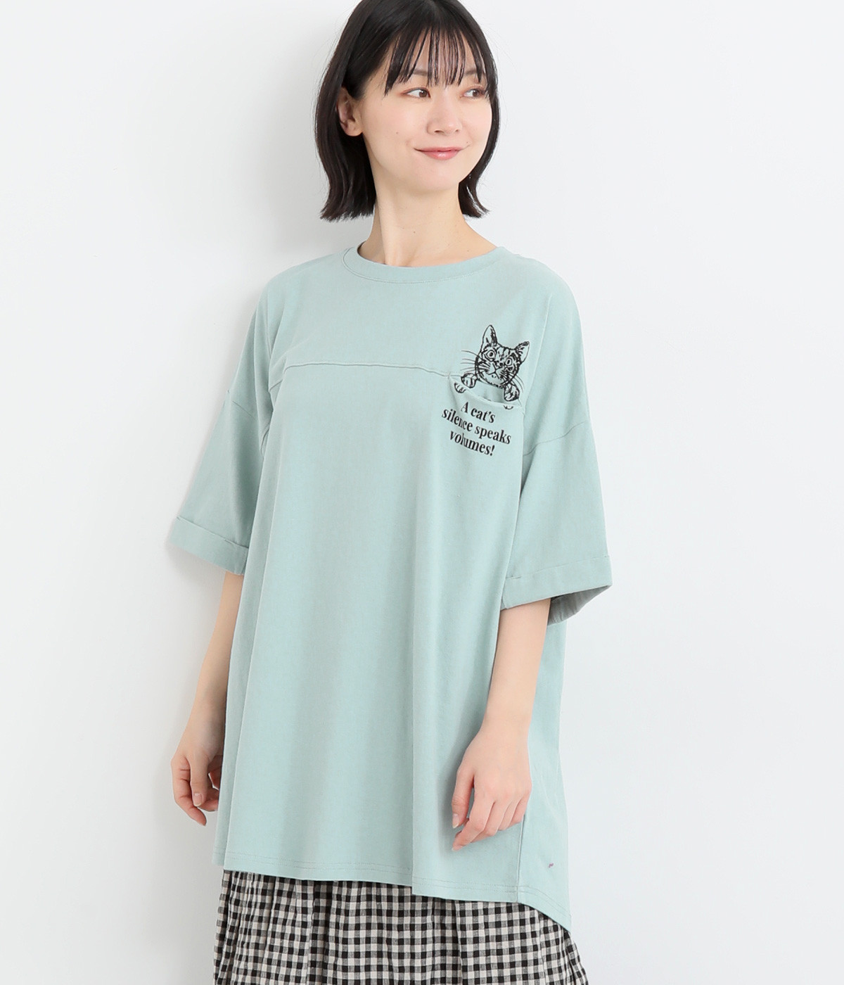 160E天竺 ひょっこりネコT(ミント-ONESIZE)