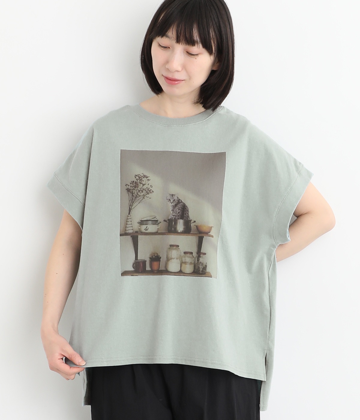 16OE天竺キャットフォトフレンチT(ミント-ONESIZE)