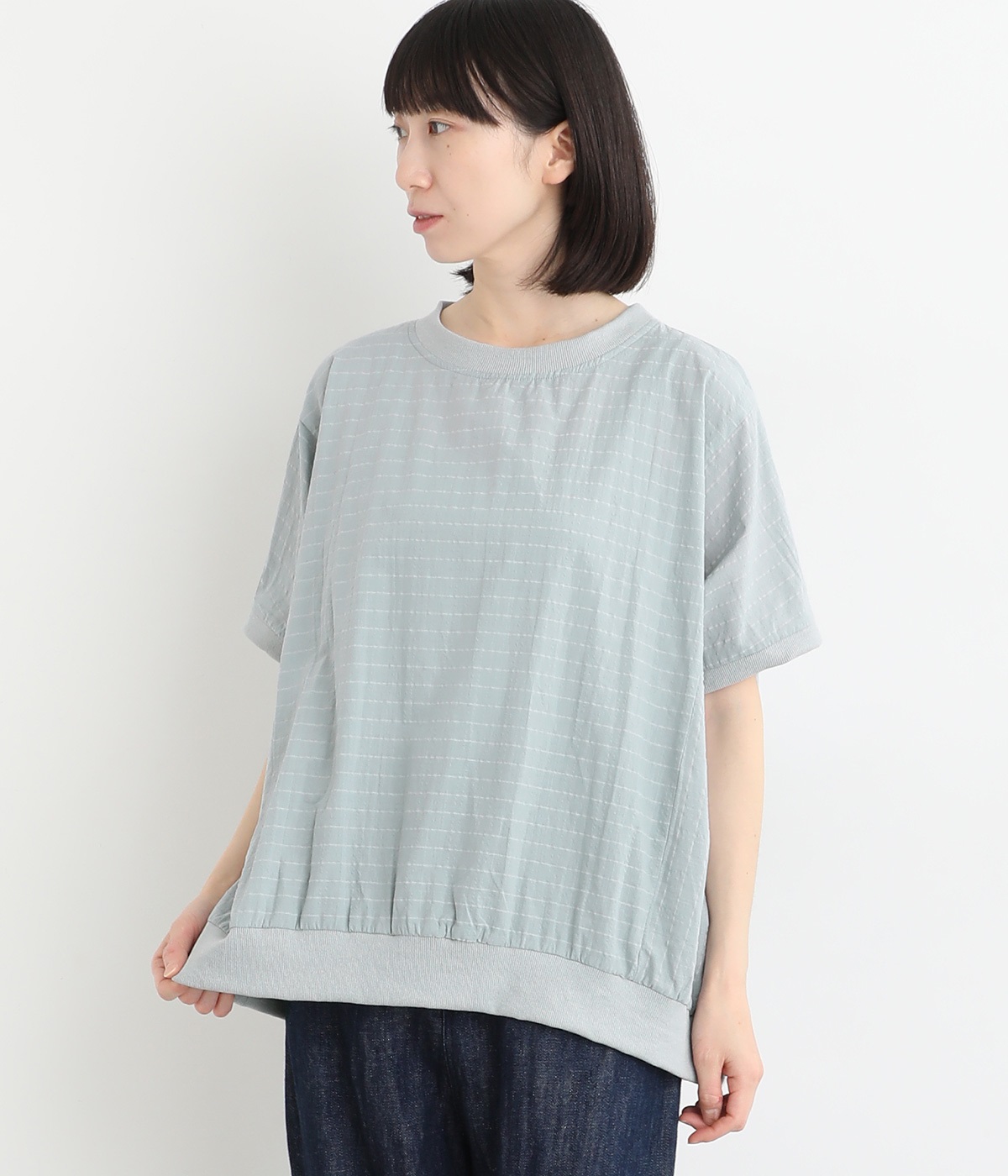 ボーダー布帛 ドルマンプルオーバー(サックス-ONESIZE)