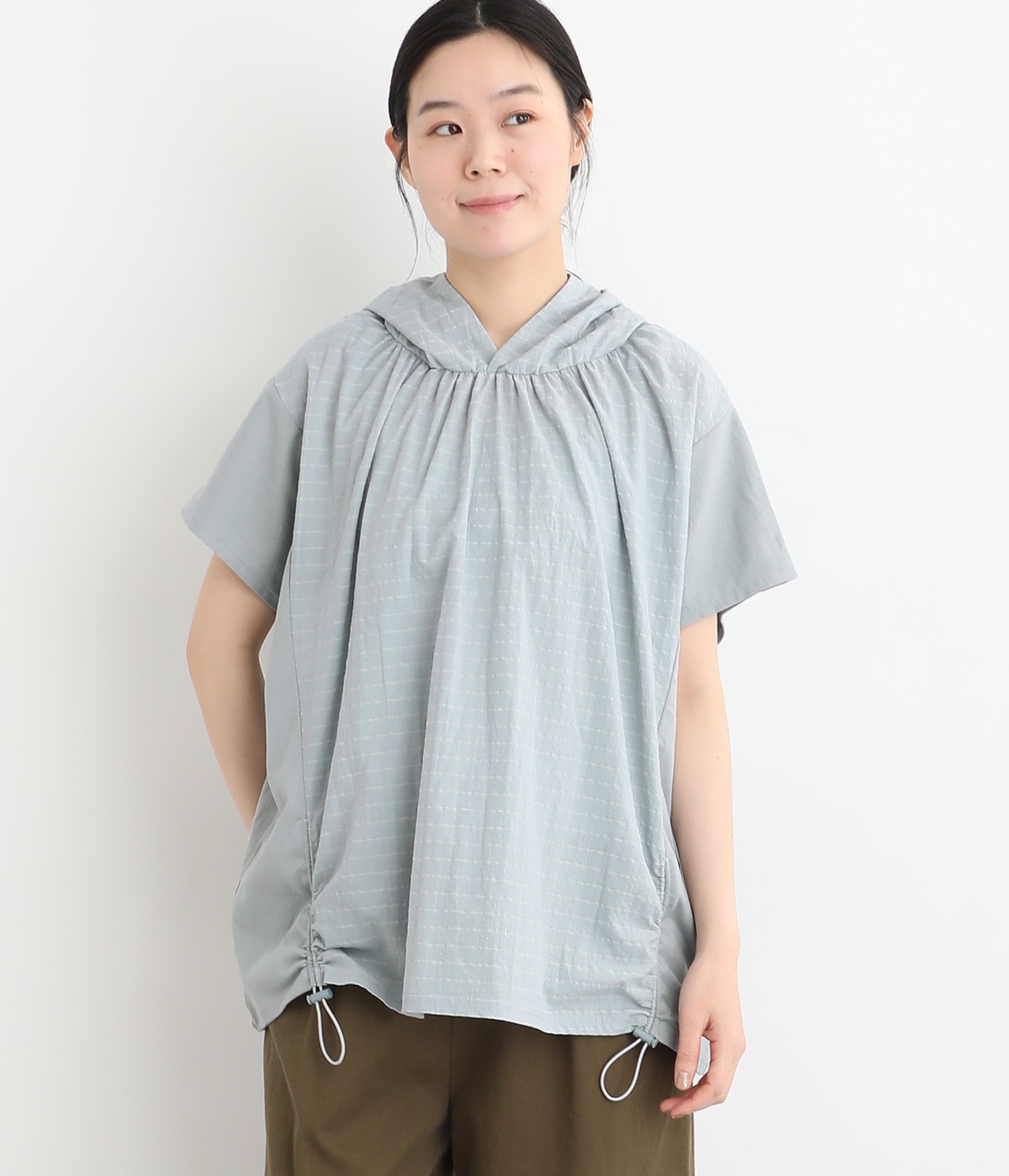 ボーダー布帛 フード付きプルオーバー(サックス-ONESIZE)