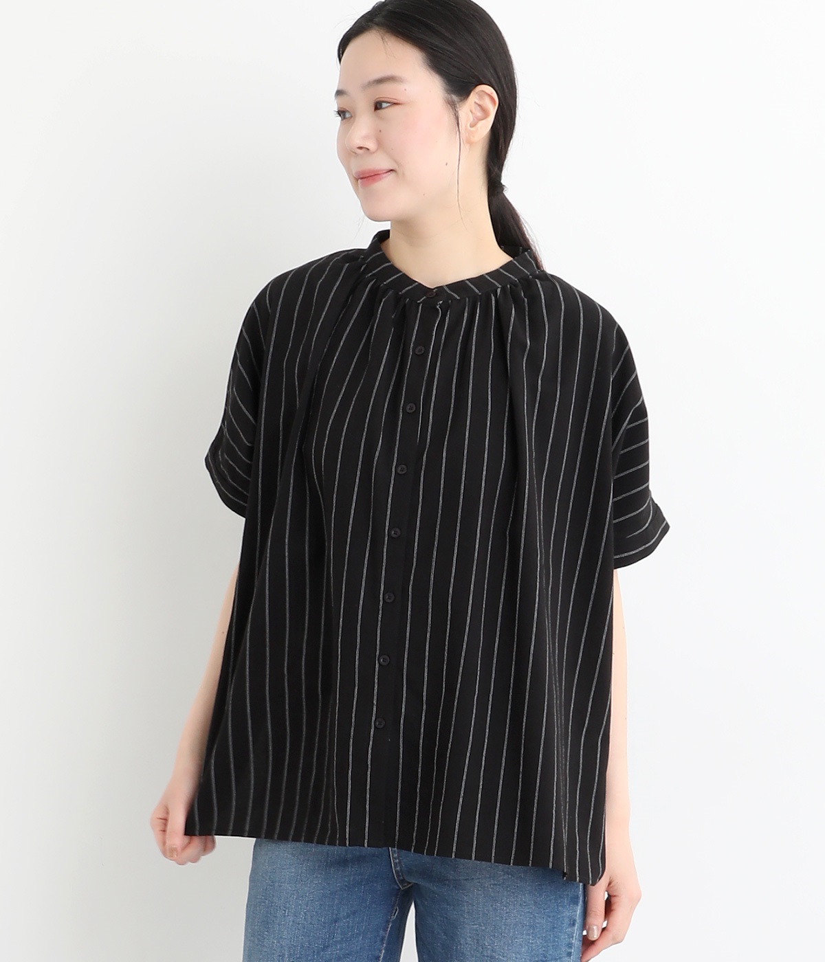 リネン混ストライプ バンドカラーギャザーシャツ(ブラックストライプ-ONESIZE)