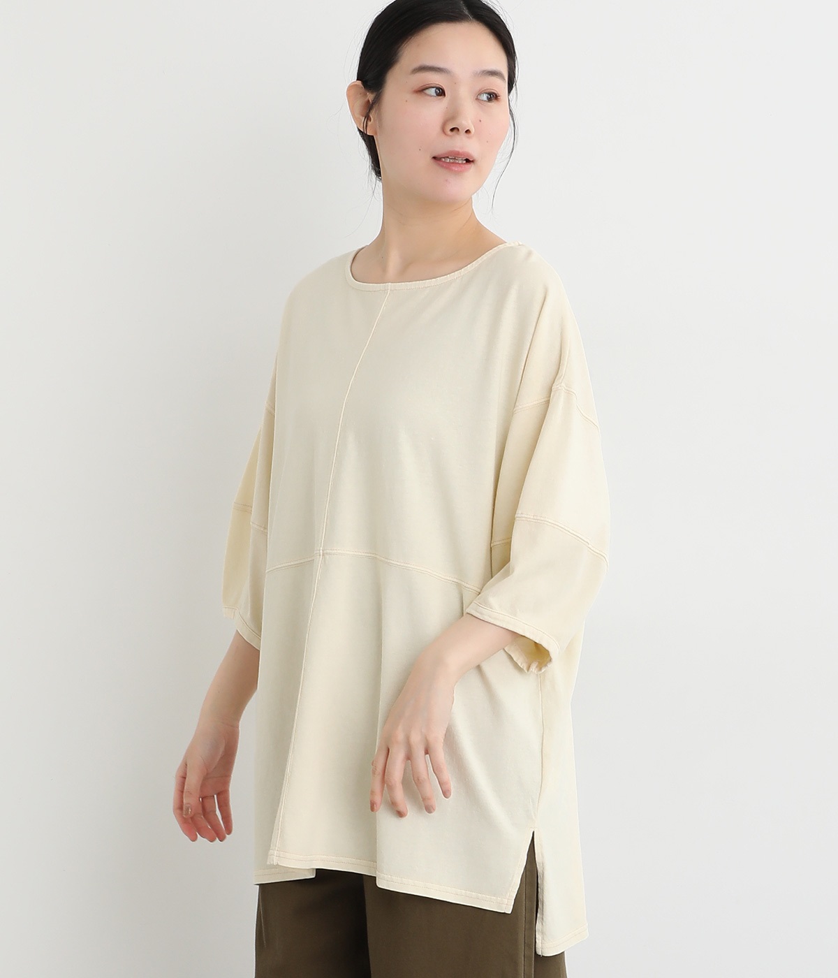 18s天竺ピグメント 配色ステッチチュニック(アイボリー-ONESIZE)