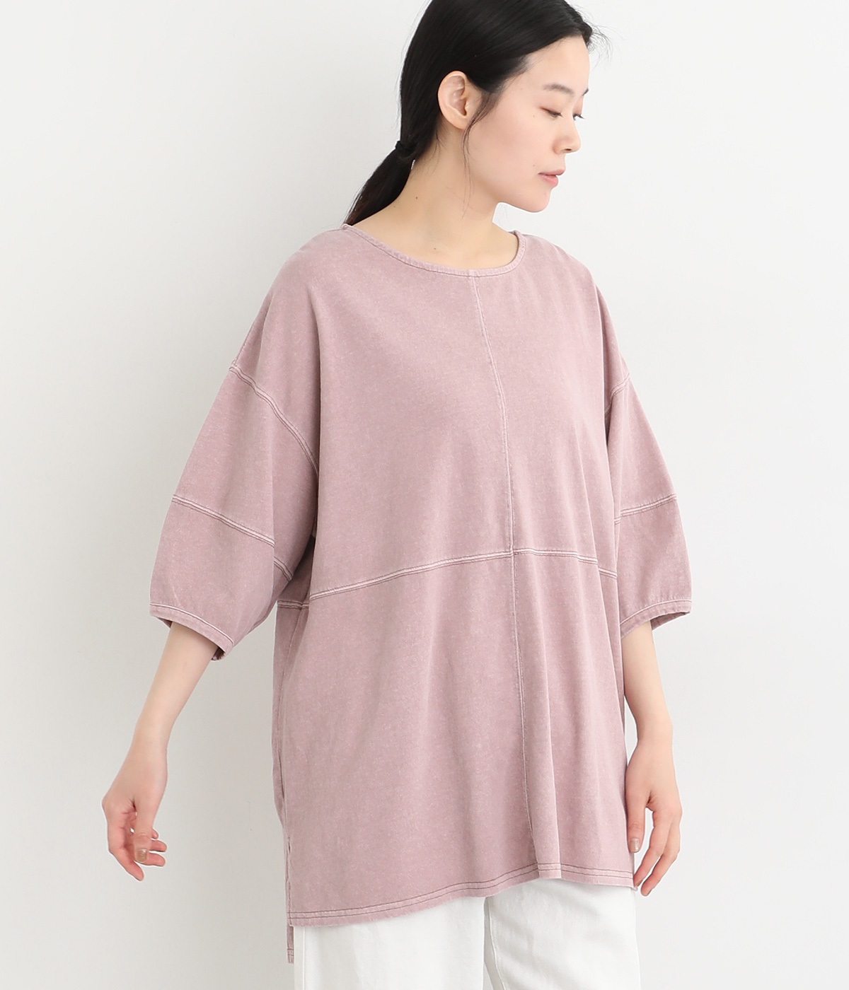 18s天竺ピグメント 配色ステッチチュニック(ピンク-ONESIZE)