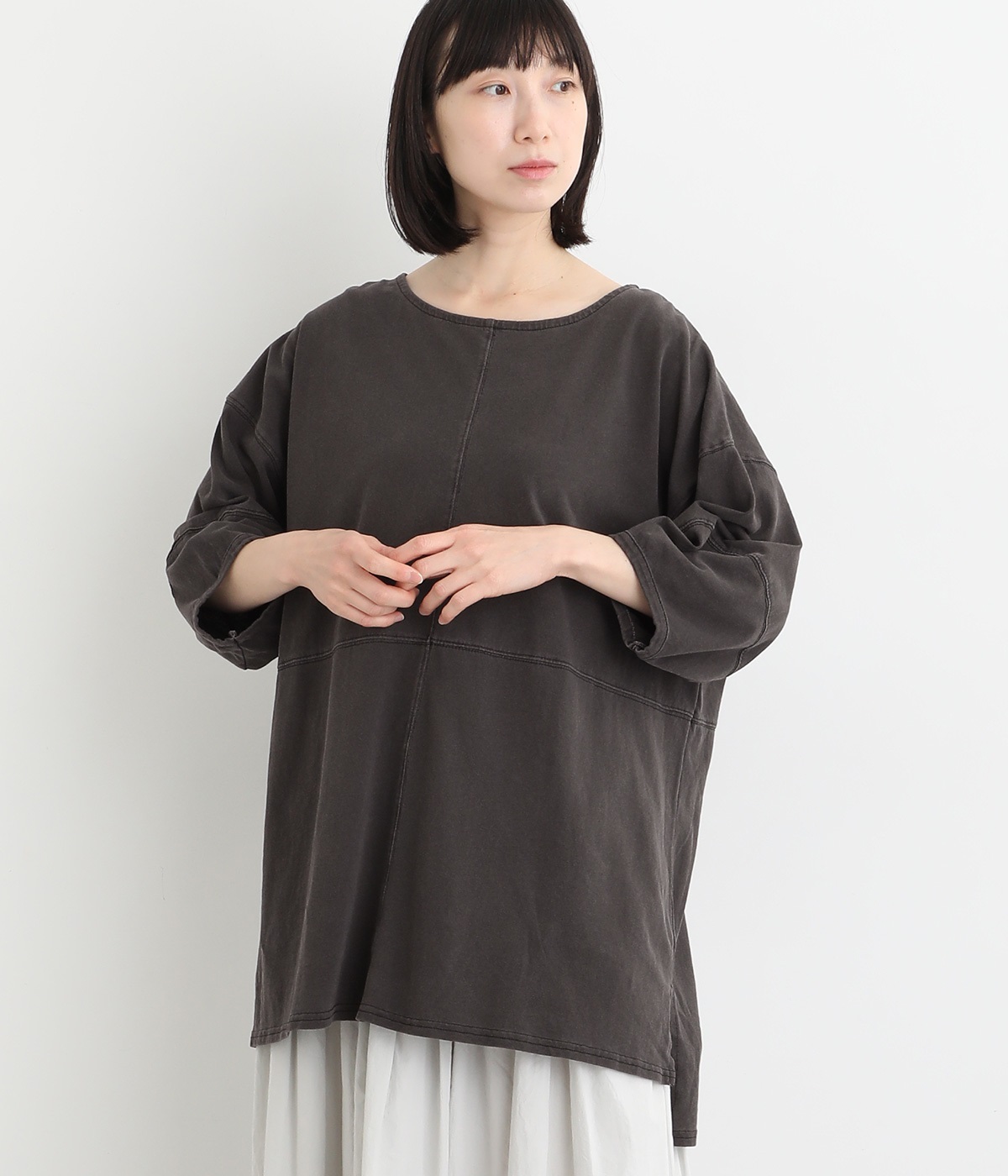 18s天竺ピグメント 配色ステッチチュニック(チャコール-ONESIZE)