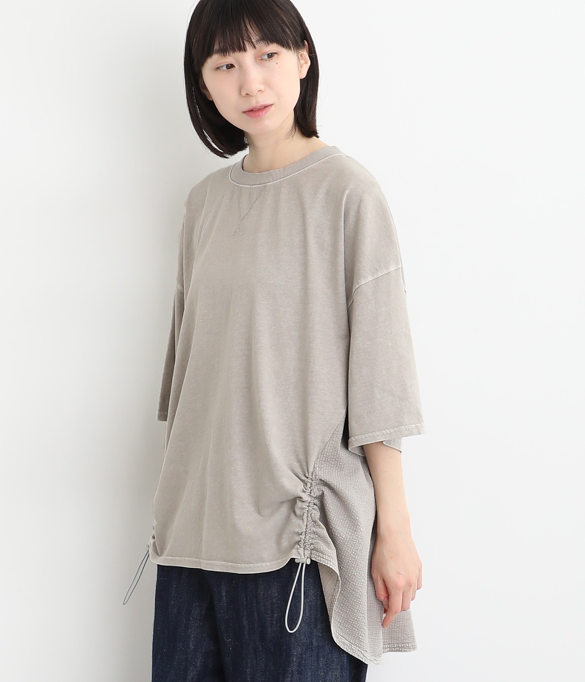 18s天竺ピグメント 裾ドロストチュニック(グレージュ-ONESIZE)