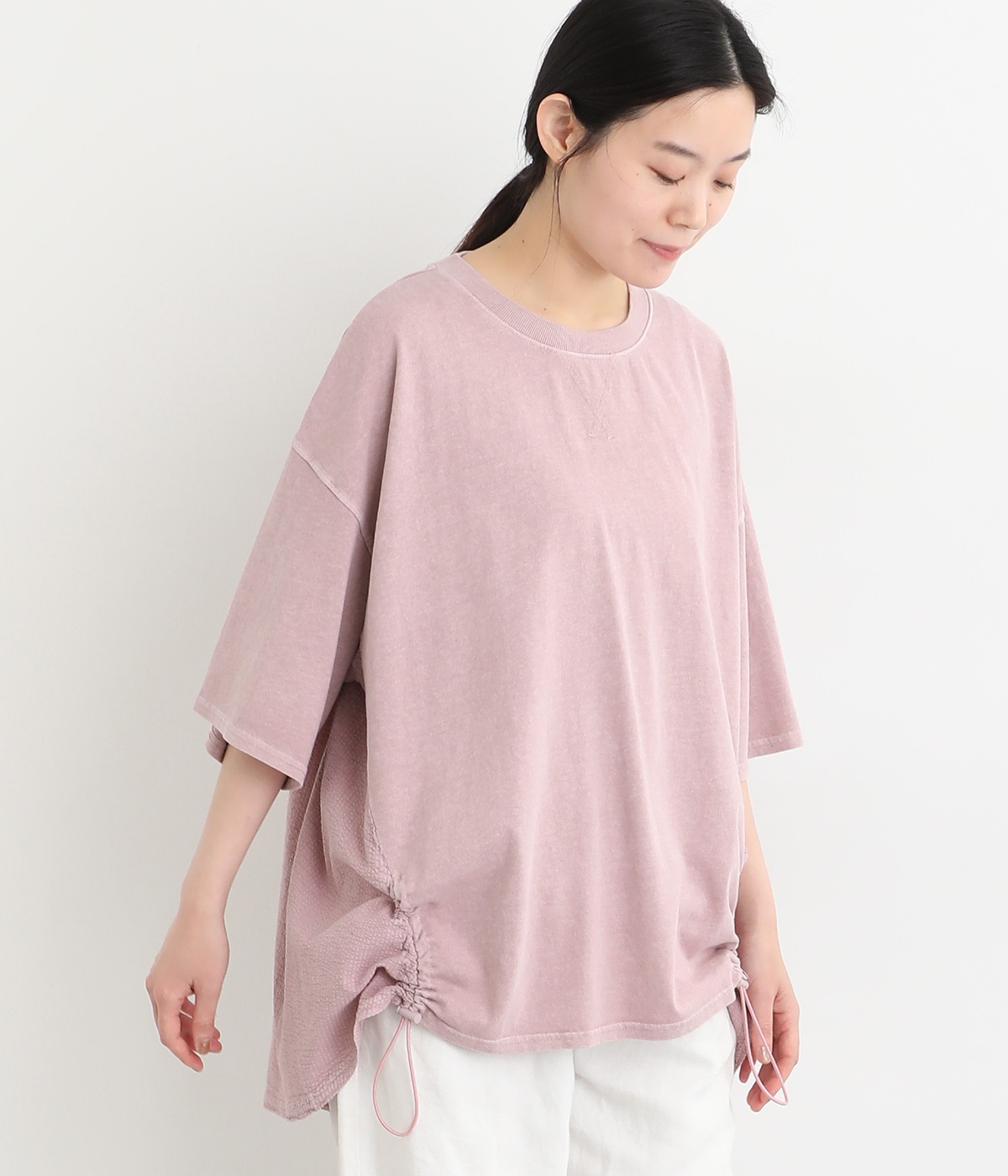 18s天竺ピグメント 裾ドロストチュニック(ピンク-ONESIZE)