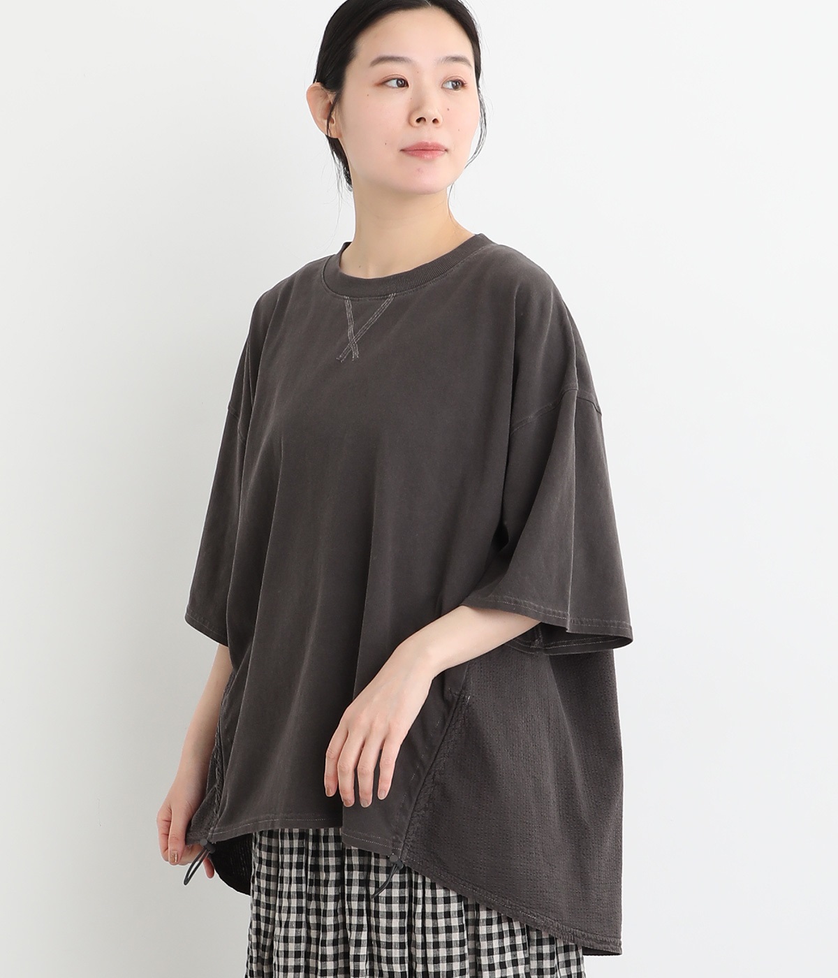 18s天竺ピグメント 裾ドロストチュニック(チャコール-ONESIZE)