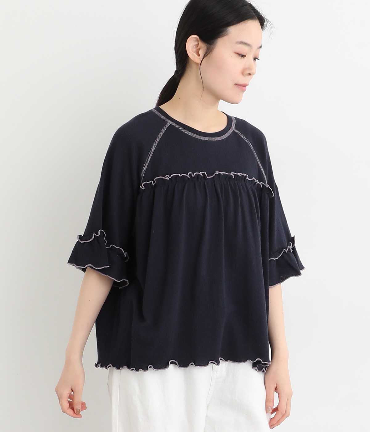 梨地カットソー接触冷感加工 配色メローTシャツ(ダークネイビー-ONESIZE)