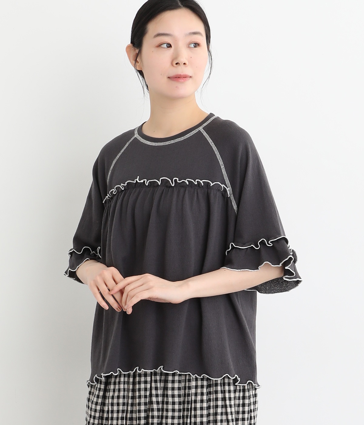 梨地カットソー接触冷感加工 配色メローTシャツ(チャコール-ONESIZE)