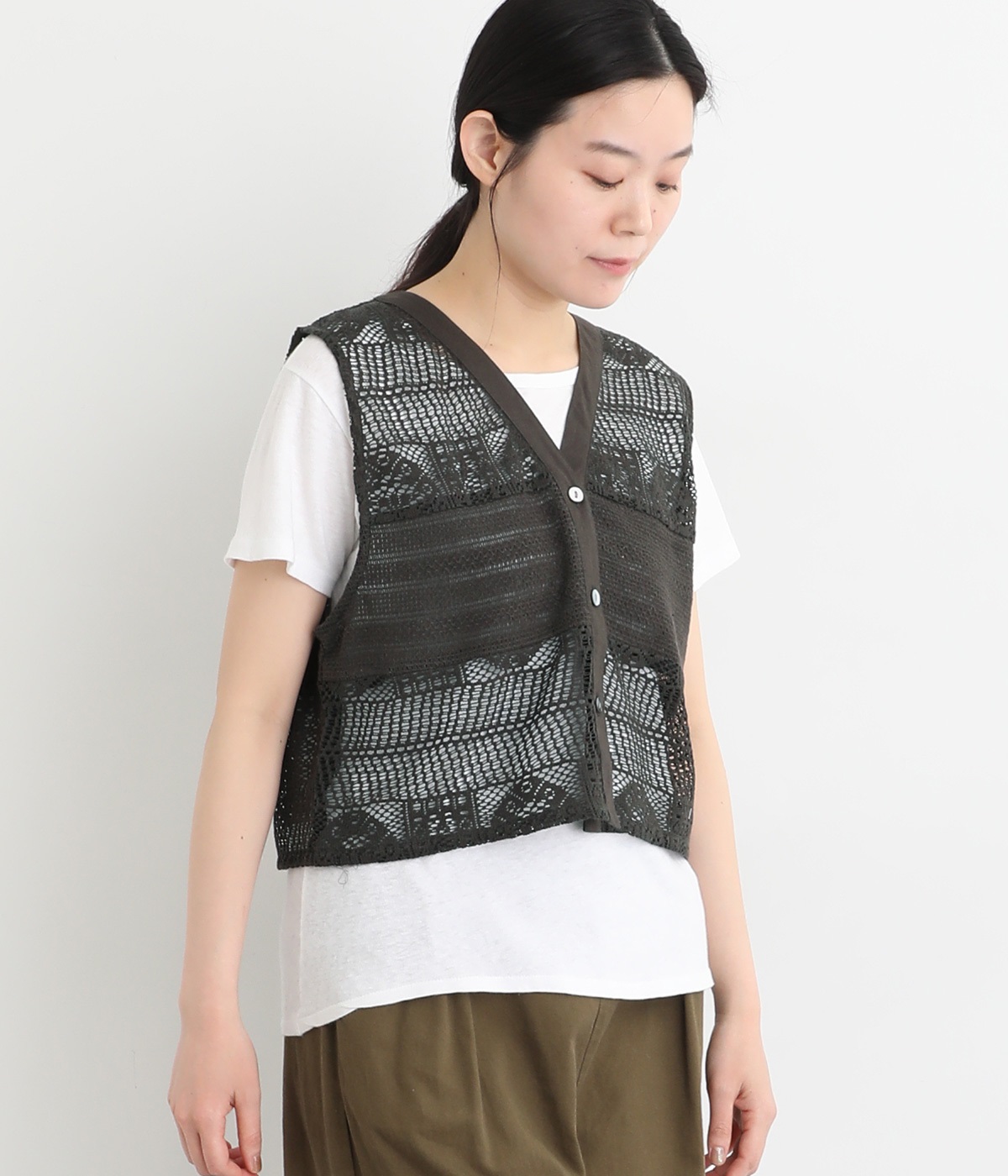 クロッシェレース シャツベスト(チャコール-ONESIZE)