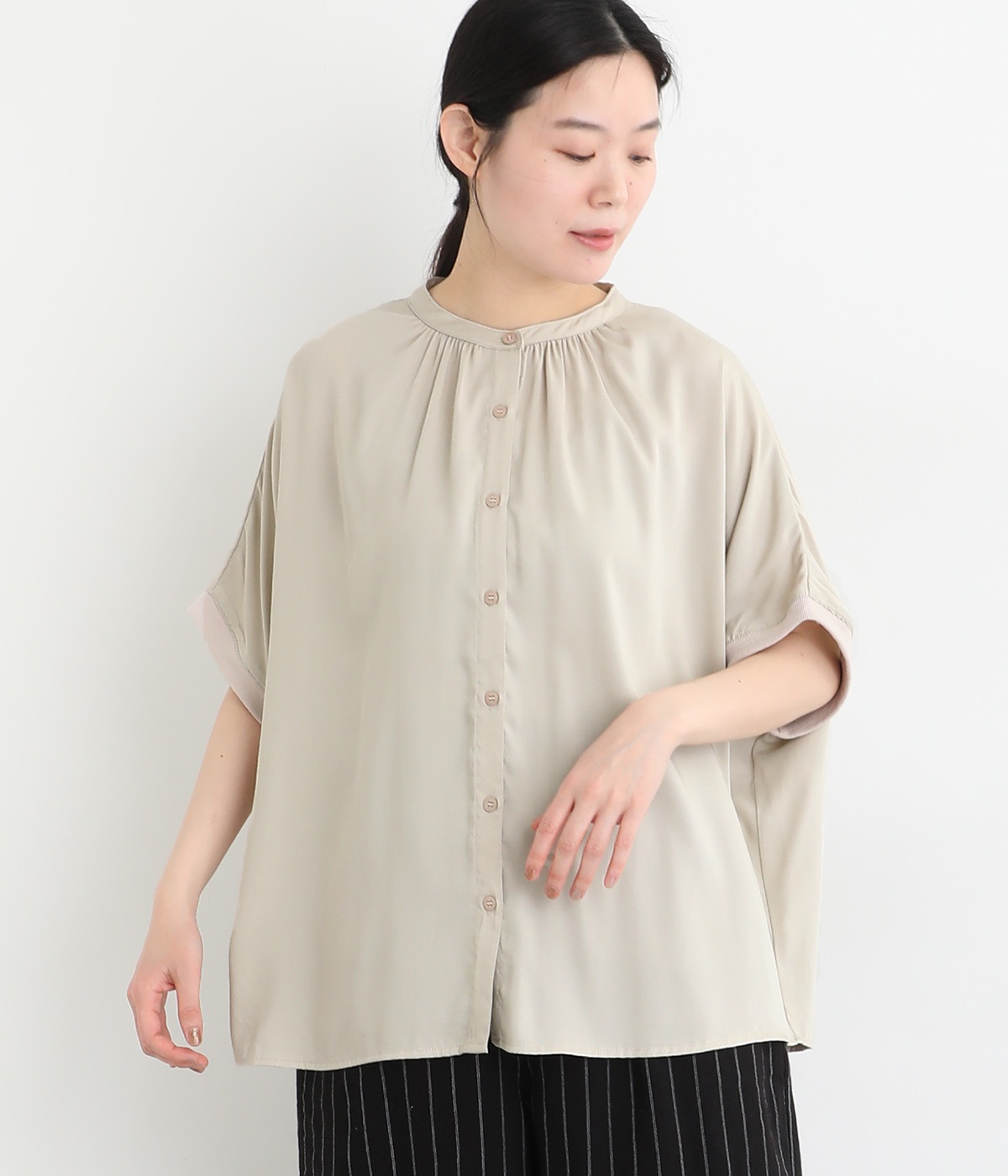 レーヨンナイロンスラブチュニックシャツ(グレージュ-ONESIZE)