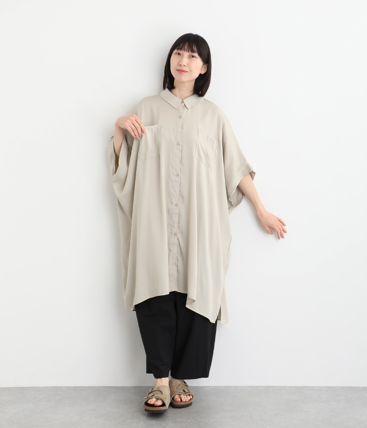 レーヨンナイロンスラブチュニック襟付きシャツ(グレージュ-ONESIZE)