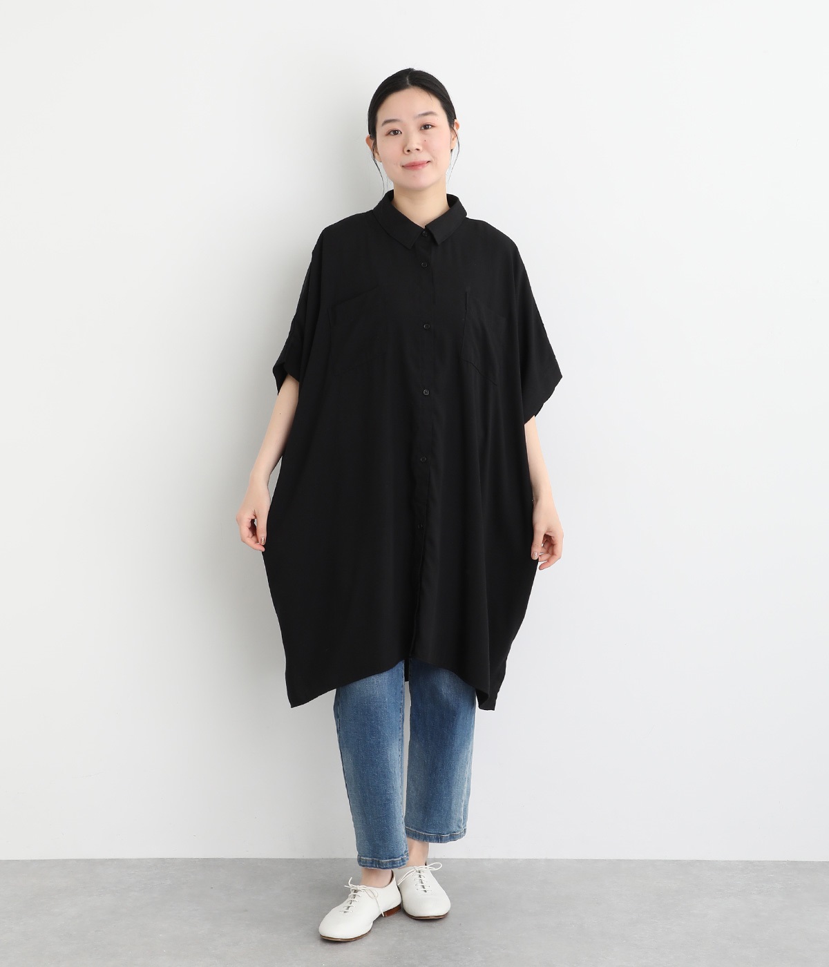 レーヨンナイロンスラブチュニック襟付きシャツ(ブラック-ONESIZE)