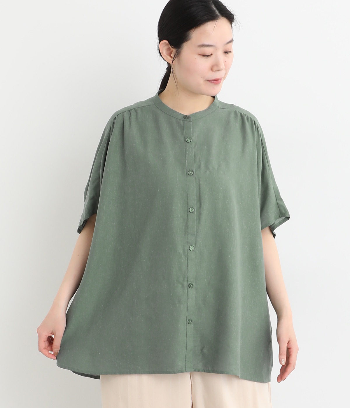 レーヨンリネンバックギャザーブラウス(スモークグリーン-ONESIZE)
