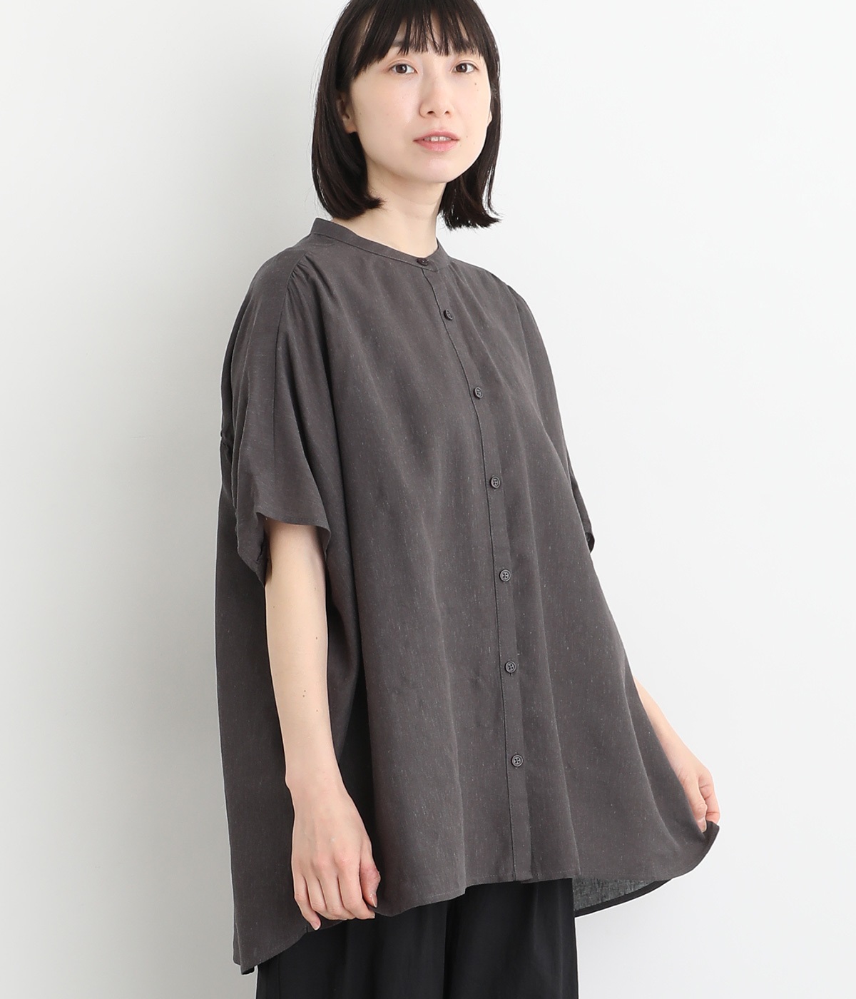 レーヨンリネンバックギャザーブラウス(チャコール-ONESIZE)