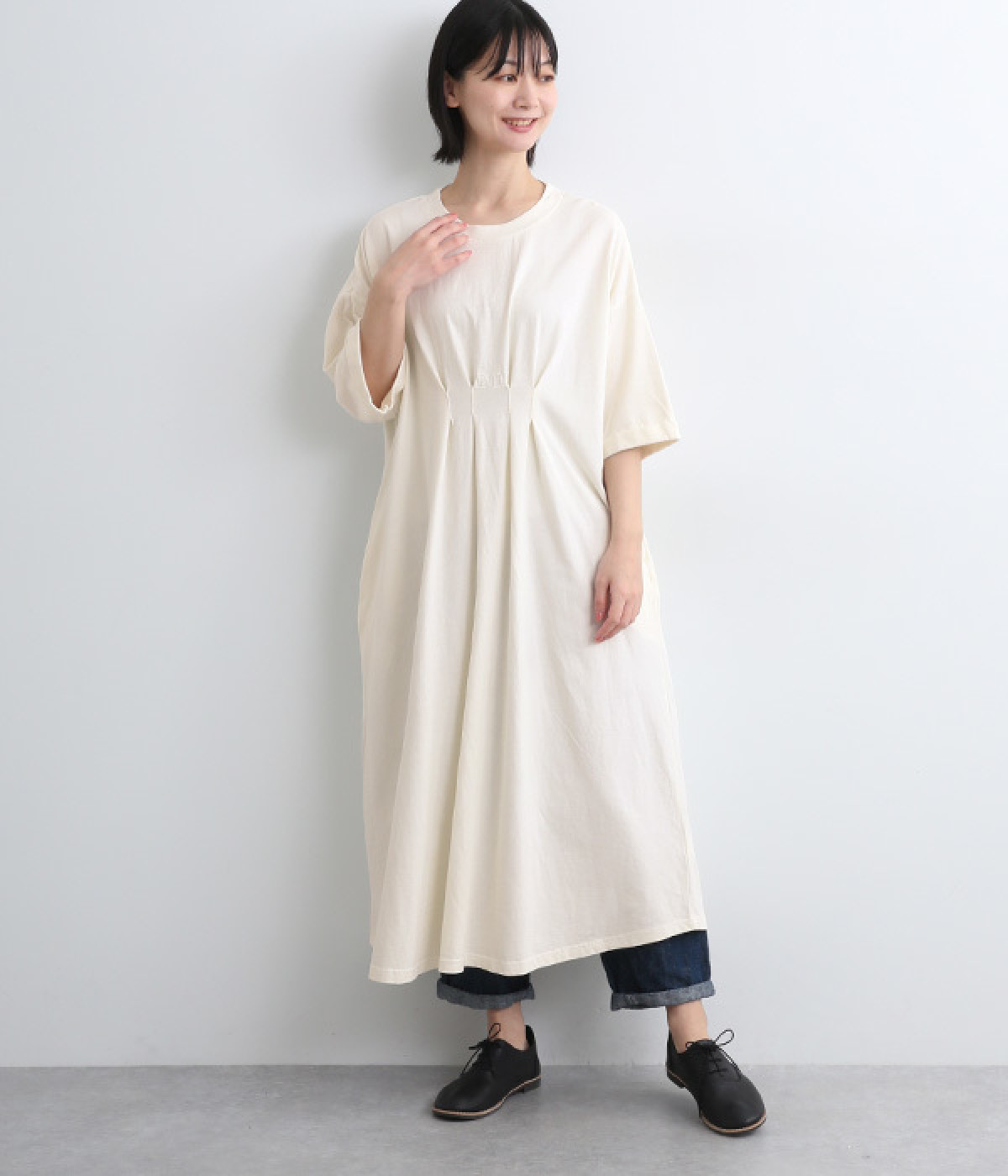 ピグメント加工刺繍タックワンピース(アイボリー-ONESIZE)