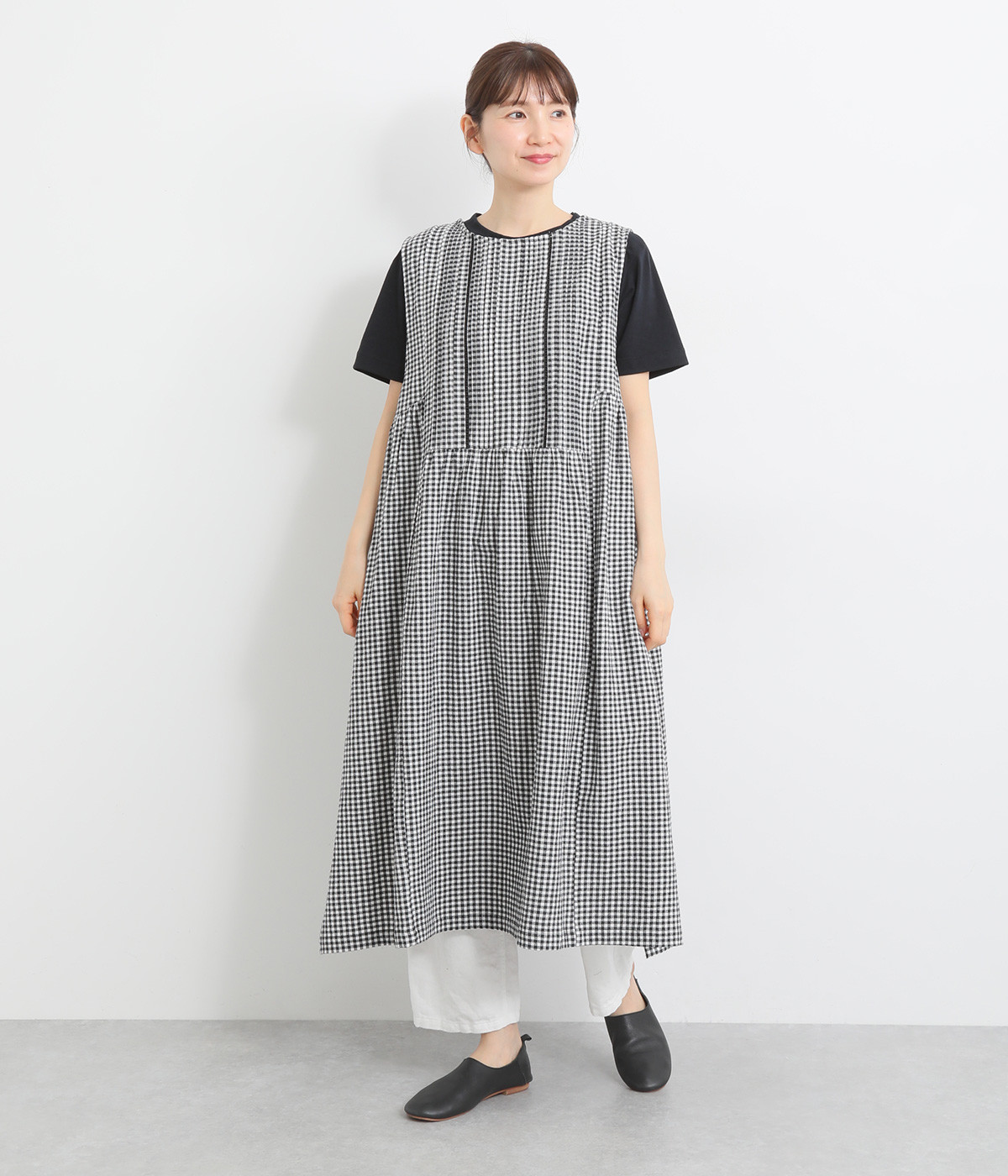 クリンクルシーチング 2wayノースリーブワンピース(オフホワイトチェック-ONESIZE)